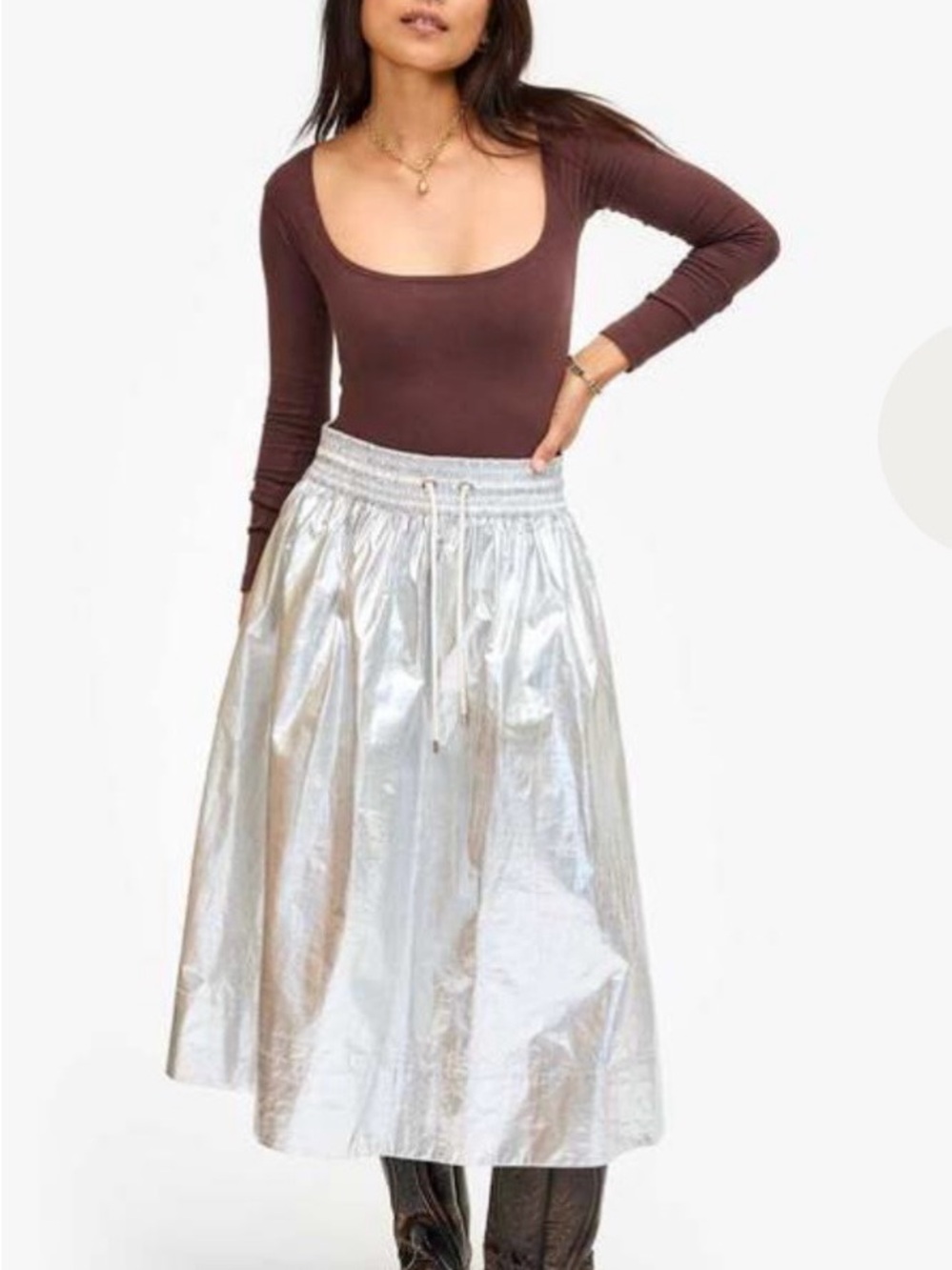 Women's Silver Metallic A-Line Midi Skirt with Drawstring Waist